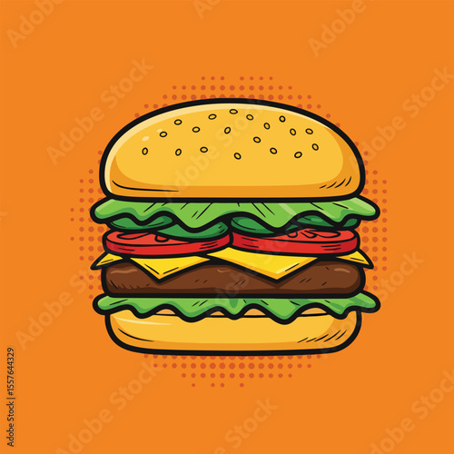 burger pop art icon with orange halftone background
