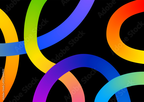 Abstract background with colored dynamic linear waves and circular design elements on black background