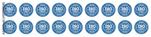 International Organization for Standardization stamp set: 9001, 14001, 3166, 2001, 13485, 18001, 22000, 26000, 27001, 31000, 45001, 50001. Set of popular ISO standards - vector