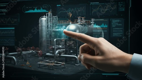 A digital screen displaying industrial plant schematics with realtime data overlaid with a human hand pointing
