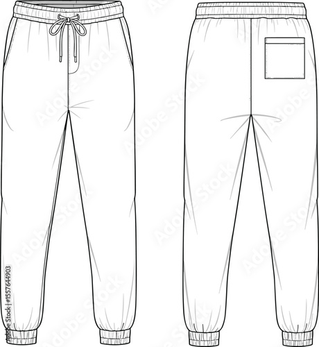 Unisex Jogger Sweatpants with Drawstring Waistband Cuffed Hems and Back Pocket Flat Fashion Sketch Technical Drawing Apparel Design Template Front Back View, cad drawing flat vector illustration