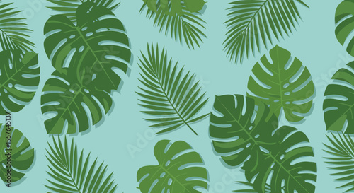 Tropical Monstera and Palm Leaves Pattern in Lush Green Tones.