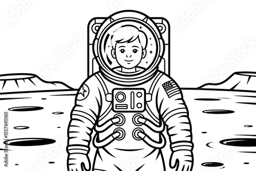 Astronaut stands on a cratered Martian landscape.
