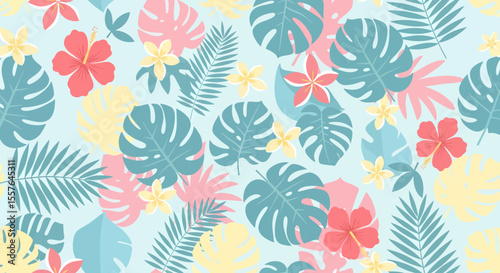 Tropical pattern of hibiscus frangipani monstera and palm leaves in pastel colors.