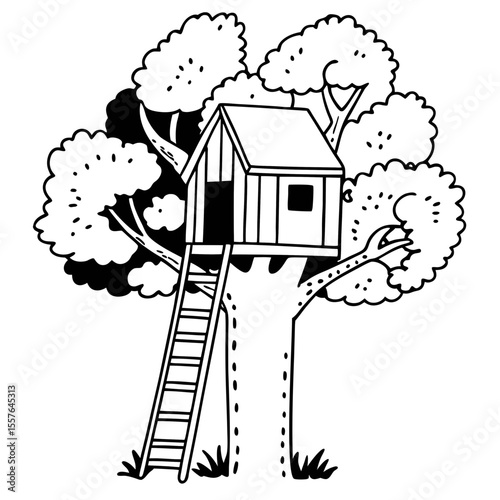 Treehouse Vector Illustration Black and White Outline Design