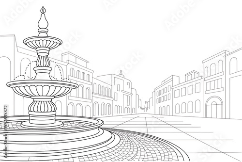 Elegant fountain in a European city street scene.
