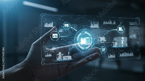 A hand holds a transparent screen with futuristic icons displaying factory trucks charts and graphs