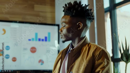 Young professional presenting data on digital screen in modern office
