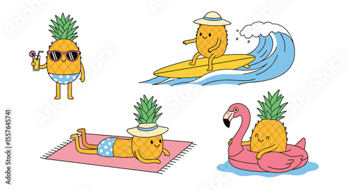 Cartoon Pineapples Enjoying Summer Beach Vacation Activities