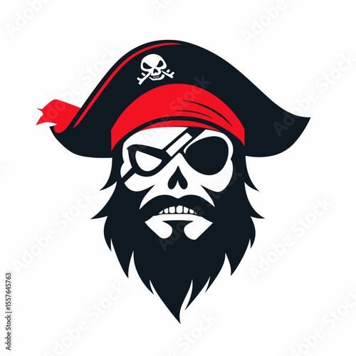 Vector pirate head logo with black beard eyepatch red bandana and black hat with skull and crossbones symbol minimalist flat design for esports team branding and sticker
