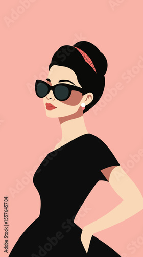 Elegant woman in black dress with retro updo hairstyle wearing black sunglasses and pearl earrings minimalist vector flat design portrait on pink background