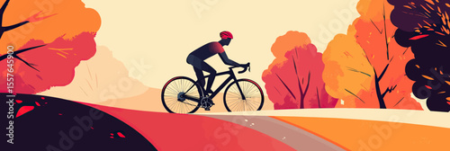 Minimalist autumn landscape with cyclist riding road bike on winding path surrounded by colorful fall trees vector illustration