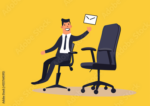 Happy businessman sitting on office chair holding email message symbol with empty swivel chair next to him on yellow background vector illustration