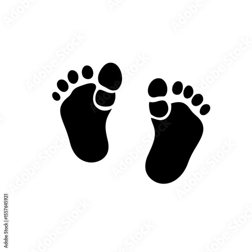 Black silhouette baby footprints vector icon simple flat minimalist style isolated on white background for newborn and infant themes design elements