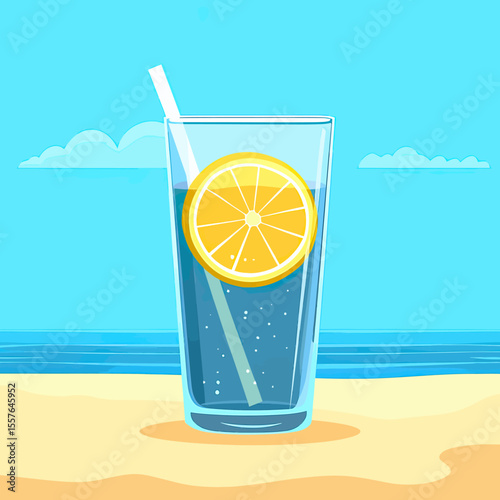 Glass of sparkling water with lemon slice and straw on sandy beach with sea and blue sky background in flat minimalist style vector illustration