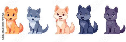 Set of five cartoon wolf cubs sitting side by side in different fur colors including orange, blue, cream, dark gray, and purple, isolated on white background vector illustration