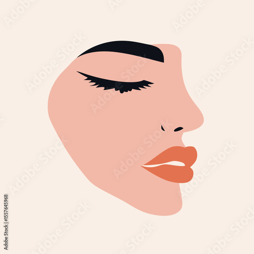 Minimalist female face profile with closed eye, bold eyebrow, long lashes, and full lips in flat vector style illustration for beauty concept