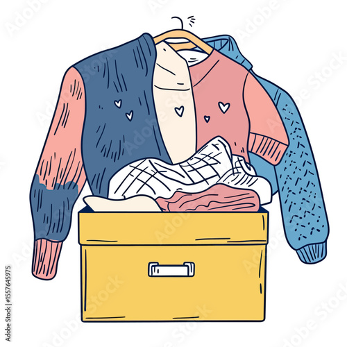 Hand drawn donation box filled with clothes including sweater and jacket on hangers in flat minimalist style charity concept vector illustration