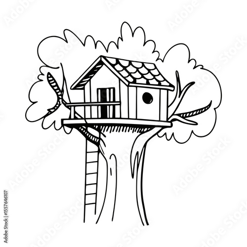 Treehouse Vector Illustration Line Art Simple Design