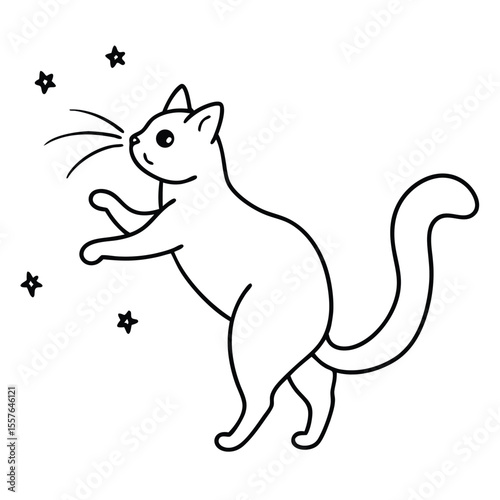 Cute cartoon cat reaching for little stars in a playful pose