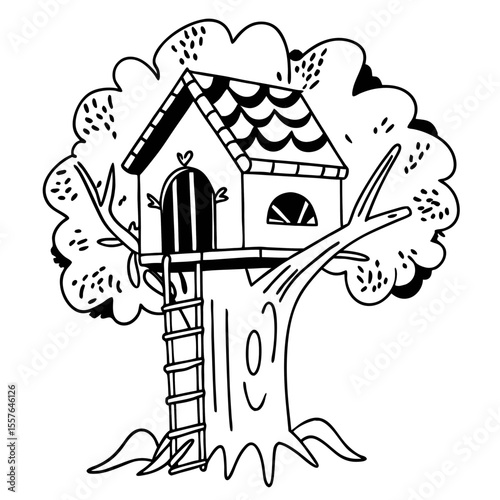 Treehouse Vector Illustration House in Tree Black and White