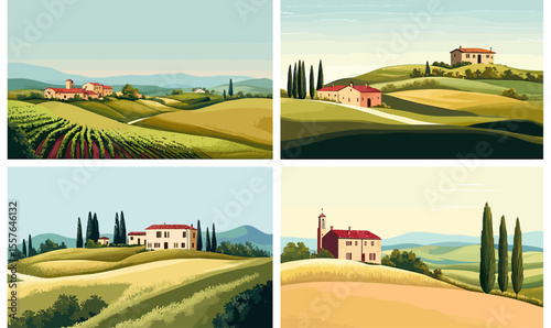 Tuscany Italy rural landscape set with rolling hills, traditional farmhouses, vineyards, cypress trees, and scenic countryside views in flat vector style illustration