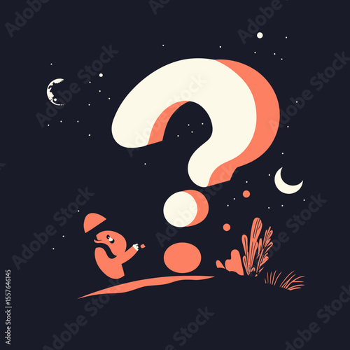 Surreal night scene with giant glowing question mark and mysterious hooded figure sitting on hill surrounded by stars moon and plants in dark sky background vector illustration