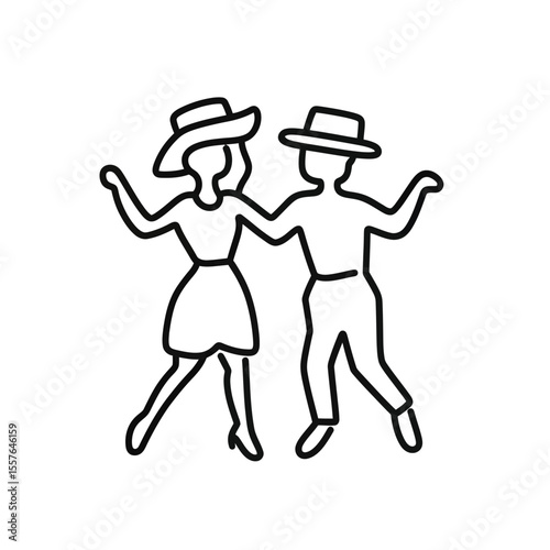 Line art couple dancing icon with hats dancing together in lively pose minimalistic outline vector illustration for dance hobby and leisure concept