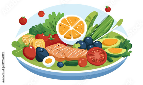 Plate of healthy grilled salmon with fresh vegetables avocado blueberries boiled egg and lemon slices in flat minimalist vector style