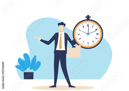 Businessman in suit holding briefcase and large stopwatch clock symbolizing time management punctuality deadline and appointment concept flat vector illustration