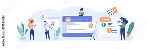 Flat minimalist vector illustration of diverse people analyzing credit report, reviewing financial documents, positive credit score and loan approval concept in personal finance management