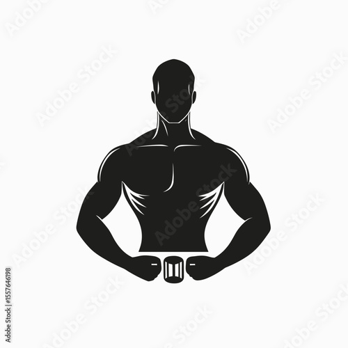 Minimalist muscular man silhouette flexing strong arms and broad shoulders black vector icon for fitness or bodybuilding concept illustration
