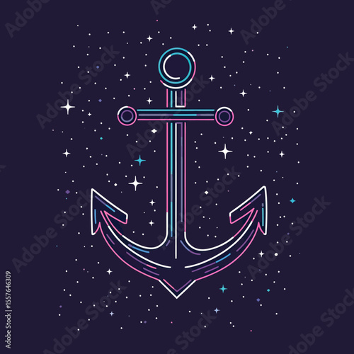 Abstract neon anchor with starry space background minimalistic vector illustration futuristic cosmic theme for nautical design and technology concept