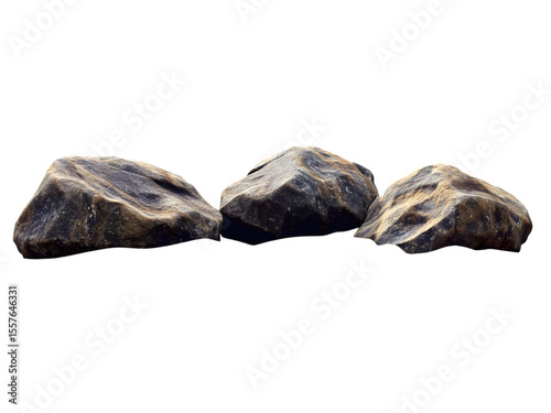 Three textured natural stones with rough surfaces and earthy brown and gray colors isolated on transparent background