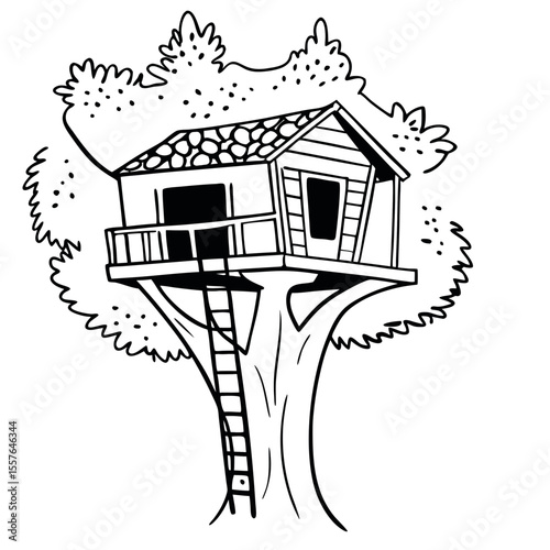Cute Treehouse Vector Illustration Black and White Playful Design