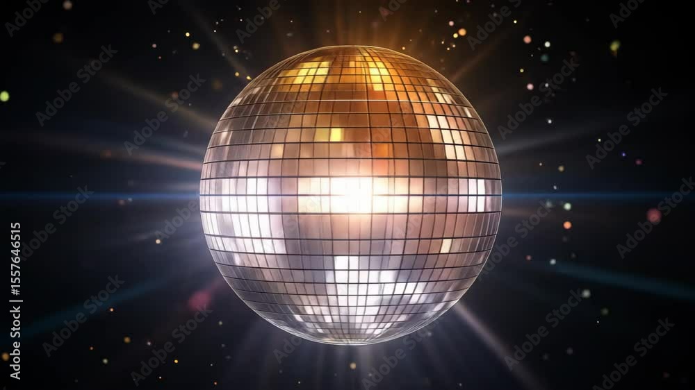 Sparkling mirrored sphere reflects light outward into a dark space filled with stars