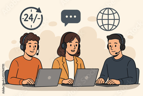 Call center customer service team concept. Hotline operators with headsets consult clients online. 24/7 global technical support staff with laptops. Vector illustration for web banner.