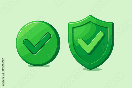 3D green check mark icon and shield. Security, protection, and guarantee symbol. Approved and correct sign. Yes button vector illustration. Validation and success concept.