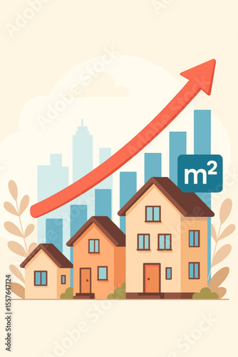 Real estate market growth concept. Rising property value illustration with houses, m2 symbol, and upward arrow graph. Housing prices increasing. Investment and home sales chart.