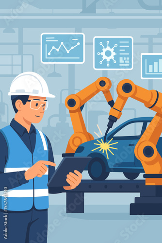 Engineer with tablet controls robotic arms on car assembly line in smart factory. Automotive industry 4.0 concept. Automation technology for vehicle manufacturing process.