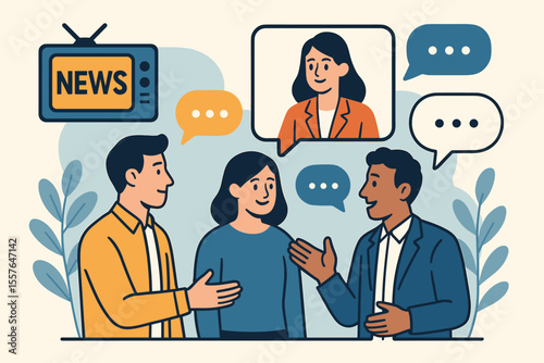 Corporate communication and news discussion concept. Diverse people in a business meeting or public debate. Journalism, media interview and expert opinion illustration with speech bubbles.