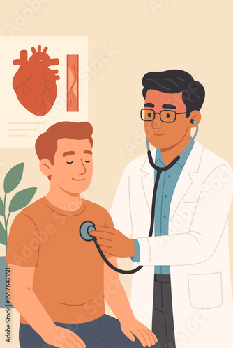 Doctor examining a patient with a stethoscope during a medical heart checkup. Cardiologist listening to the chest. Concept of cardiology, healthcare, and preventive medicine.