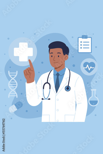 Healthcare and medicine concept with a friendly male doctor. Physician in white coat giving advice. Vector illustration with icons for clinic, hospital, science, health insurance.