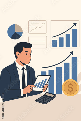 Businessman analyzing financial data report on a tablet for investment planning. Concept of stock market growth, business success, and economy. Accounting and profit analysis with charts.