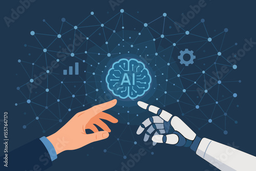 AI and machine learning vector illustration. Robot and human hands touching over a big data network. Artificial intelligence concept for future technology, innovation and collaboration.