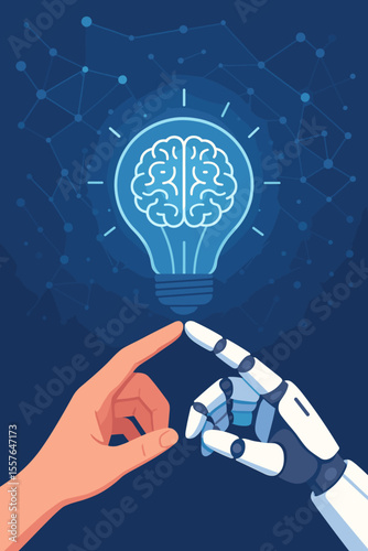 Artificial intelligence and human collaboration concept. Robot and human hands touching. Light bulb with a brain icon symbolizes innovation, machine learning, ideas and future technology.
