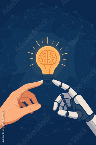 AI concept showing synergy between human and robot. Hands touch a lightbulb with brain, symbolizing ideas, innovation, machine learning. Future technology on a big data network.