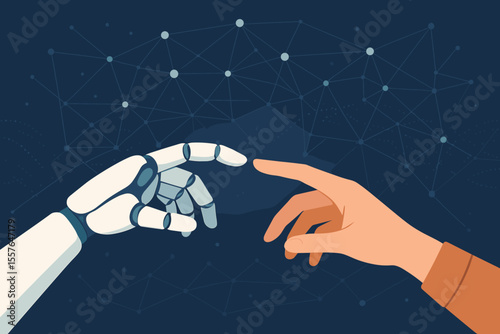 AI and human connection. Robot and human hands touching, a metaphor for Creation of Adam. Artificial intelligence, machine learning, future technology, innovation, network background.