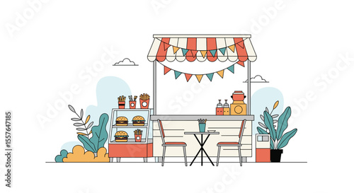 Vibrant Food Stall Featuring Delicious Burgers and Fries for Outdoor Dining