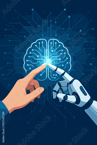 Artificial intelligence concept with human and robot hands connecting to a digital brain. AI, machine learning, deep learning, big data exchange, and future technology partnership.